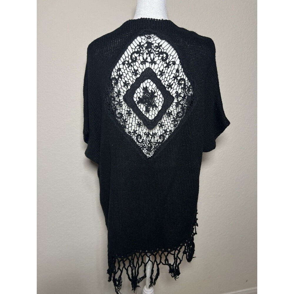 Women's Poof Open Front Sweater Cardigan with Crochet Trim and Fringe S/M